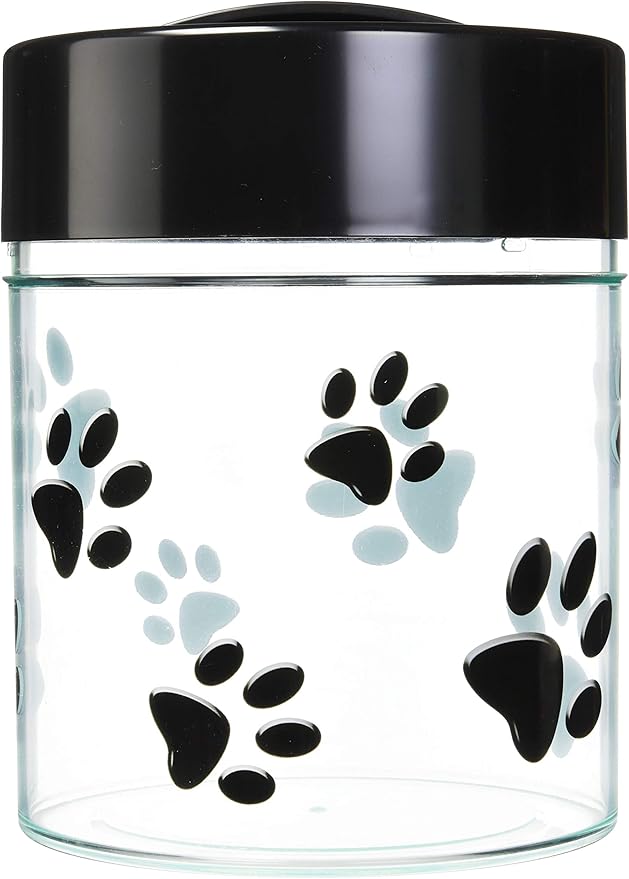 Pawvac 2.5 Pound Vacuum Sealed Pet Food Storage Container; Black Cap & Clear Body/Black Paws
