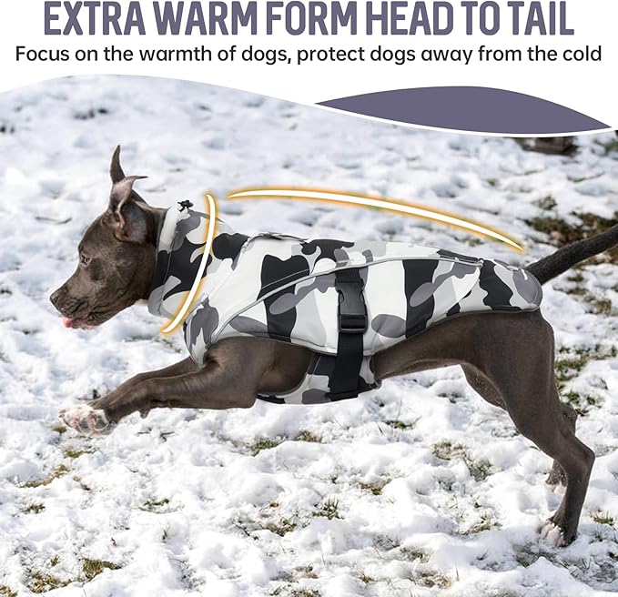 DENTRUN Extra Large Warm Dog Jacket - Windproof Water Repellent Reflective Coat, Adjustable Plush Turtleneck, Easy Wear Fleece Lined Cold Weather Vest for Great Dane, White Camo, XXXL