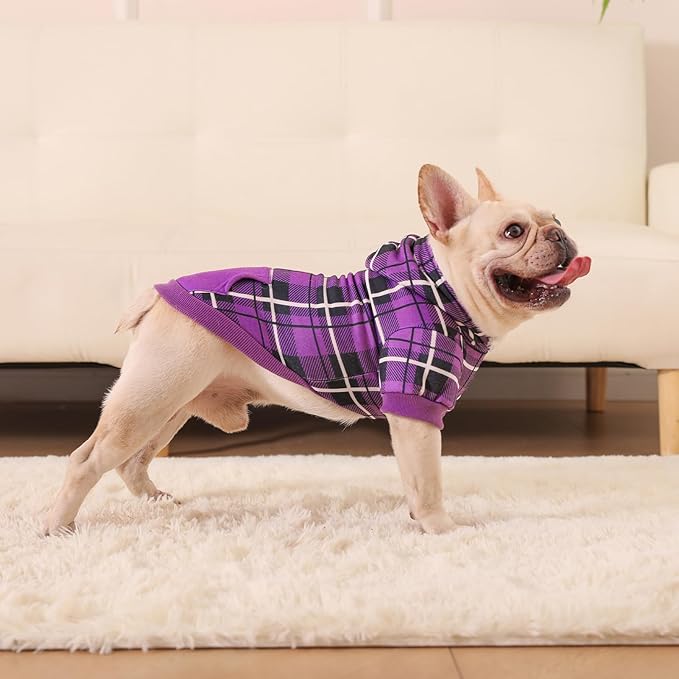 EXPAWLORER Plaid Dog Hoodie - British Style Warm Dog Sweater Shirt with Leash Hole,Pitbull Clothes Outfits,Winter Coat Apparel for All Breeds Puppy Girl Boy-Cat Apparel,Purple X-Small