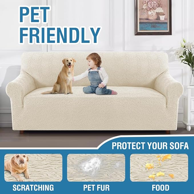 H.VERSAILTEX Jacquard Couch Covers for 3 Cushion Couch 1 Piece Stretch Sofa Covers Furniture Protector Anti-Slip Soft Thickened Dogs Slipcovers Washable Leopard Pattern(Sofa, Ivory)