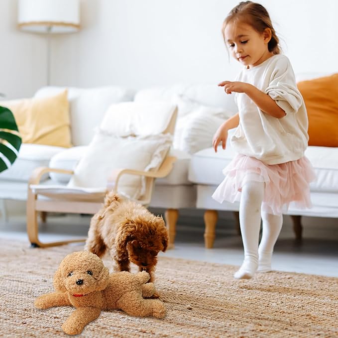 Dog Plush Cute Vivid Teddy Dog Mating Toy 14inch Cotton Filled Plush Toy with Collar Decorative Stuffed for Couch Sofa Bed, Beige, Stuffed Animal