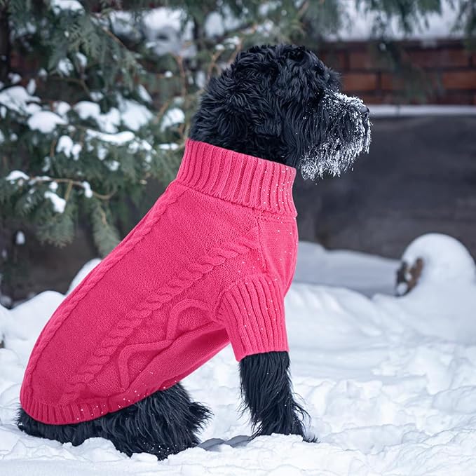 Queenmore Small Dog Pullover Sweater, Cold Weather Cable Knitwear, Classic Turtleneck Thick Warm Clothes for Chihuahua, Bulldog, Dachshund, Pug (Fuchsia, Large)