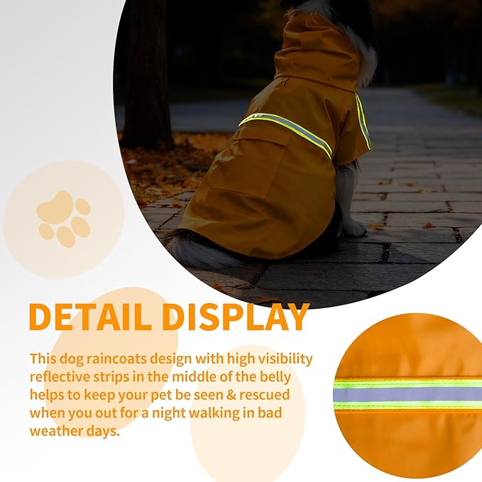 Dog Raincoat, Waterproof Windproof Dog Rain Jacket Adjustable, Rain Coat with Leash Hole, Reflective Strap Raincoat Poncho for Small Medium Large Dogs Outdoor (Reflection-Orange, XXS)