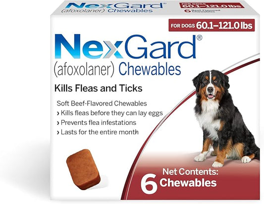 NexGard® (afoxolaner) Flea and Tick Protection for Dogs Oral Soft Beef Flavored Chewables, 60.1 to 121 lbs (Red Box) 6 Chews (6 Month Supply)