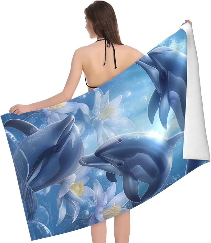 Dolphin Ocean Beach Towel 31inx51in, Underwater Sand-Free Microfiber Bath Towel Ultra Soft Quick Dry Pool Towel Absorbent Towel Lightweight Towel for Swimming Bathroom Decor