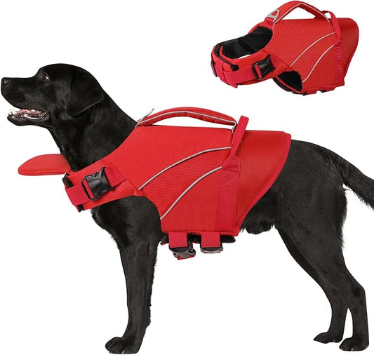 Queenmore Dog Life Jacket Large, Dog Pool Float with Chin Float, Large Pet Life Vest for Swimming, Adjustable Ripstop Life Preservers for Water at Pool, Beach, Boating (Red,XL)
