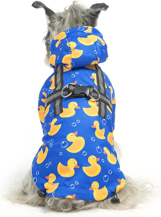PUPTECK Dog Raincoat with Hood & Harness Built-in, Waterproof Dog Rain Jacket Slicker Poncho Reflective Vest Clothes for Rainy Snowy Winter Cold Days, Blue Duck XS