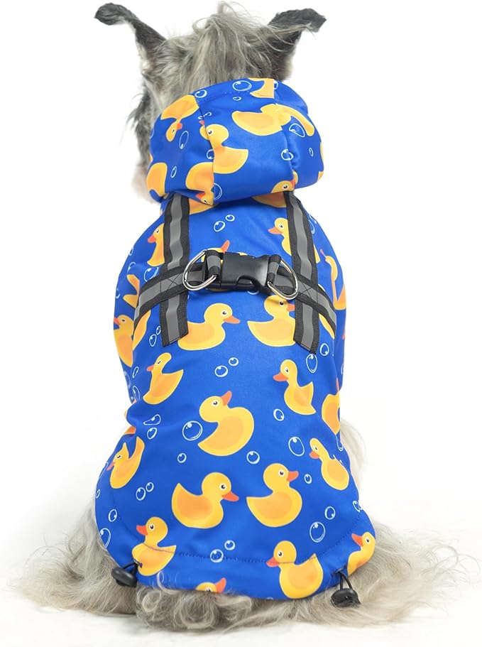 PUPTECK Dog Raincoat with Hood & Harness Built-in, Waterproof Dog Rain Jacket Slicker Poncho Reflective Vest Clothes for Rainy Snowy Winter Cold Days, Blue Duck S