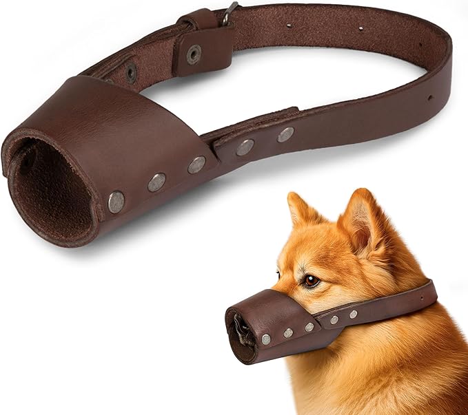 Taco Dog, Leather Dog Muzzle Guard Handmade from Full Grain Leather - Secure Training Cover, Mouth Guard Mask Prevents Biting Chewing (Bourbon Brown, Small)