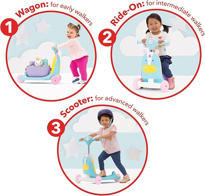Skip Hop Kids 3-in-1 Baby Activity Push Walker & Ride On Scooter Toy, Unicorn | 3-in-1, Baby Activity, to