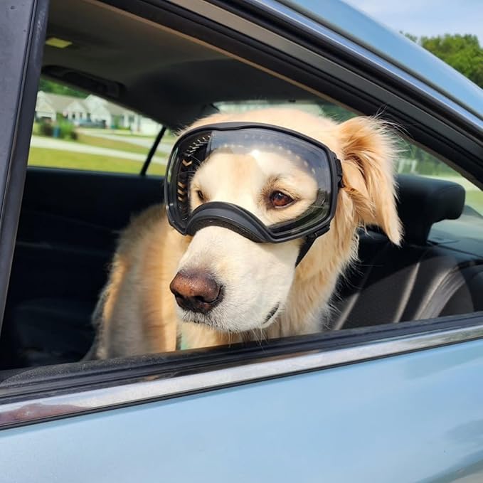 PETLESO Clear Dog Goggles for Large Dogs, Anti-UV Pet Sunglasses for Medium to Large Breed, Dog Eye Protection for Driving Riding Hiking, Wide View &Soft Frame, Adjustable, Clear Lens