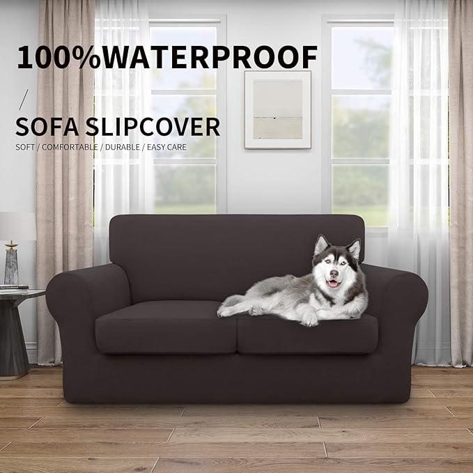 Easy-Going 100% Dual Waterproof 3 Pieces Loveseat Cover Stretch Soft Couch Cover for Dogs, Sofa Slipcover for 2 Separate Cushion Couch Leakproof Furniture Protector for Kids, Pets Chocolate