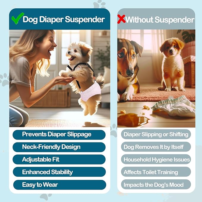 2 Pieces Dog Diaper Suspenders, for Dog Diaper Female and Belly Band for Male (Small/Medium, Blue&Beige)