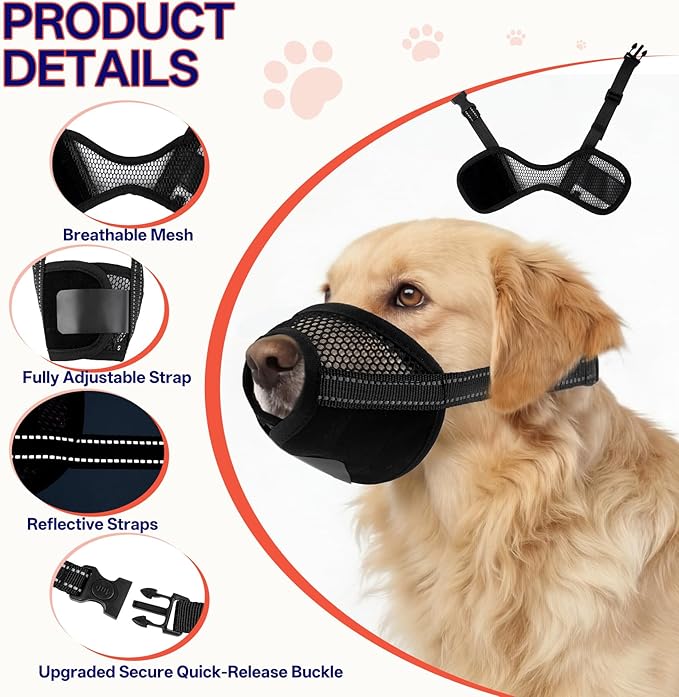 2 Pack Dog Muzzle for Large Dogs, Soft Air Mesh Breathable Muzzle Allows Panting Drinking, Adjustable Pet Muzzles with Upgraded Buckle to Prevent Biting Barking for Walks, Grooming, Black, XL