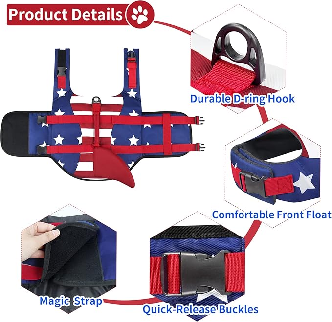 Malier Dog Life Jacket, Ripstop American Flag Dog Life Vest for Swimming Boating, Shark Puppy Lifesaver with High Buoyancy Swimsuit for Small Medium and Large Dogs (X-Large)