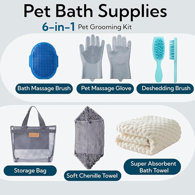 6 Pack Dog Towels for Drying Dogs, Bath Supplies Bath Grooming Kit for Pets, Pet Bath Towel Super Absorbent Set with Hair Brush, Washing Gloves for Large or Small Cats,Beige