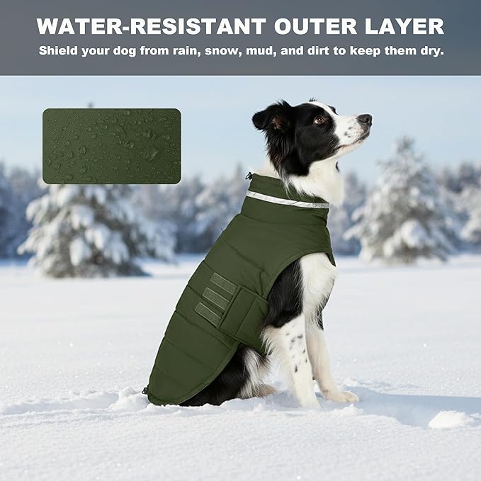 Mklhgty Waterproof Dog Coat for Large Dogs, Warm Dog Winter Jacket, Reflective Windproof Turtleneck Coats with Adjustable Hook & Loop - Green - XL