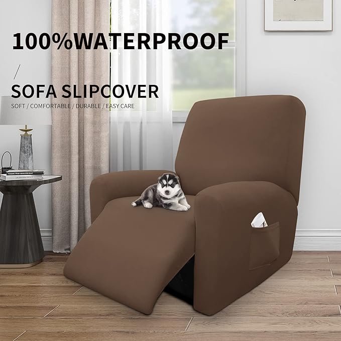 Easy-Going 4 Pieces 100% Dual Waterproof Recliner Cover Stretch Soft Couch Cover for Dogs, Sofa Slipcover for Recliner Couch Leakproof Furniture Protector for Kids, Pets Brown