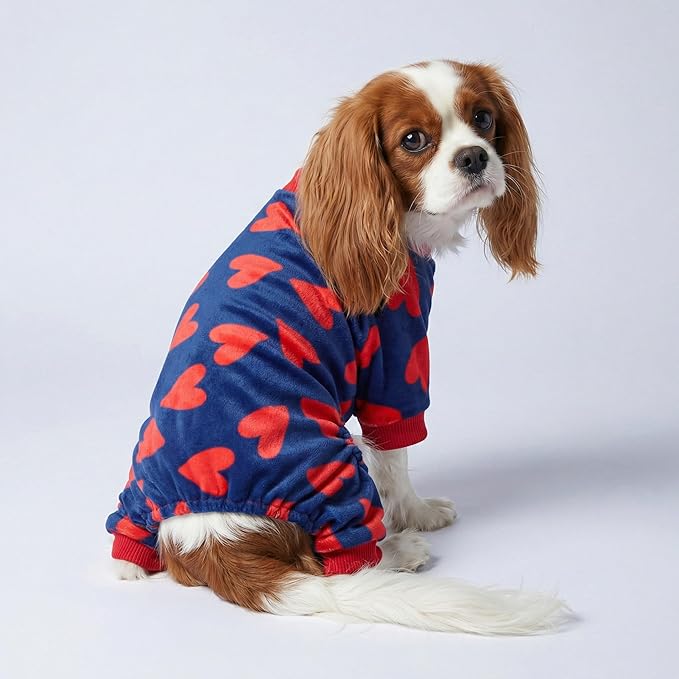 Fitwarm Valentines Day Sweet Hearts Dog Pajamas, Dog Winter Clothes for Small Dogs Girl Boy, Lightweight Velvet Pet Jumpsuit, Cat Onesie, Dark Blue, Red, XL