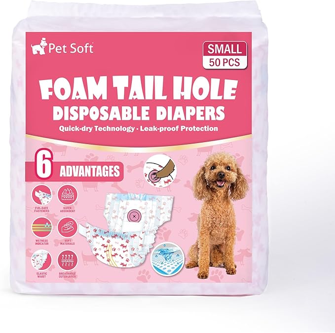 Pet Soft Disposable Dog Diapers - Female Dog Diapers with Adjustable Foam Tail Hole, Ultra Protection Puppy & Cat Diapers Wetness Indicator for Dogs in Heat or Incontinence, 50pcs (S,Red)
