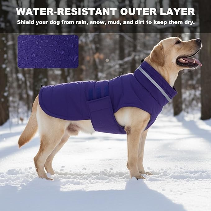 Mklhgty Waterproof Dog Coat for Medium Dogs, Warm Dog Winter Jacket, Reflective Windproof Turtleneck Dog Cold Weather Coats with Adjustable Hook & Loop - Purple - M