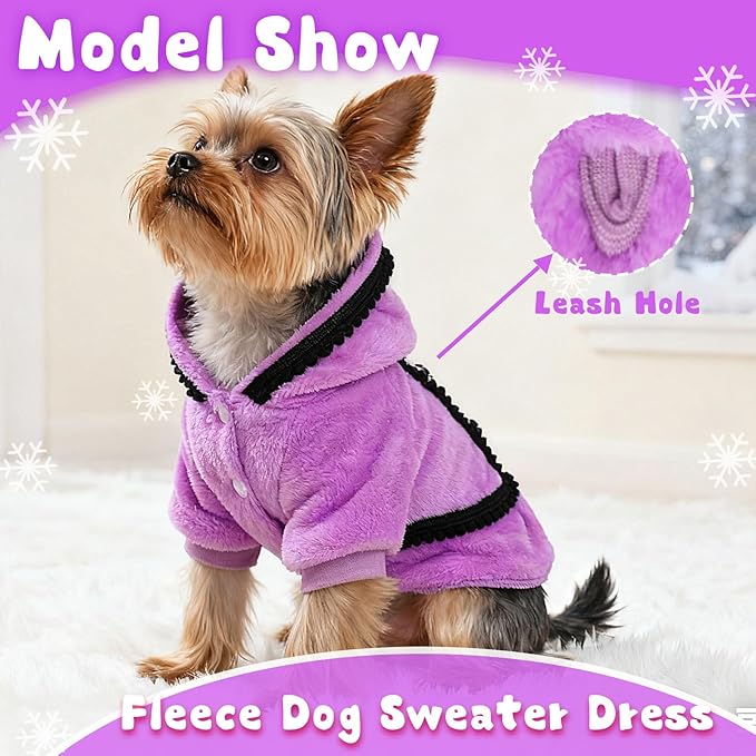 Puppy Sweaters for Small Dogs Girl Fleece Winter Fall Puppy Dress Warm Girl Dog Clothes with Leash Hole Cute Pet Oufit (Purple, XX-Small)