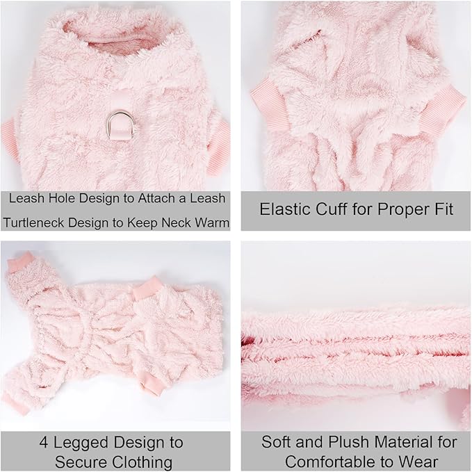 Plush Dog Pajamas for for Small Dogs Cats, Dog Sweater with Leash Ring Ultra Soft Warm Pet Clothes Puppy Onesie Outfits Doggy Pjs Jumpsuit for Winter Christmas (Pink, Medium)