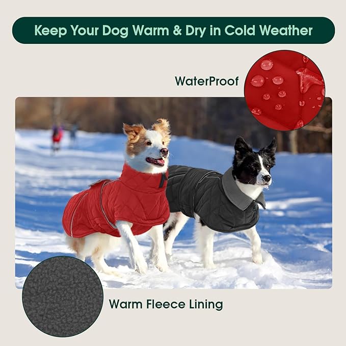 Kuoser Dog Coat, Super-Warm Dog Jacket Windproof Pet Cold Weather Coats for Extra Large Dogs, Fleece Lining Quilted Turtleneck Puppy Snowsuit Reflective Adjustable Doggie Winter Clothes, Red, 3XL