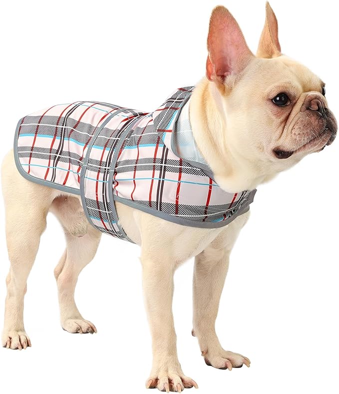 Dog Raincoat for Medium Dogs Waterproof Jacket Hooded Rain Coats with Reflective Strips Leash Hole & Poncho Adjustable Fit (Plaid,M)