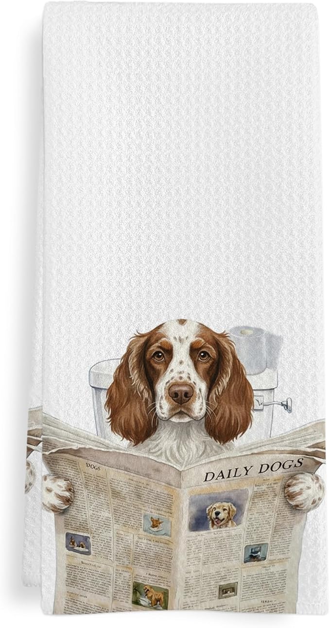 Springer Spaniel Dog Gifts Bathroom Hand Towel,Funny English Springer Spaniel Dogs Reading Newspaper in Toilet Hand Towel for Bathroom Washroom Decor, Dog Lover Gifts Dish Towels, 16x24 Inch