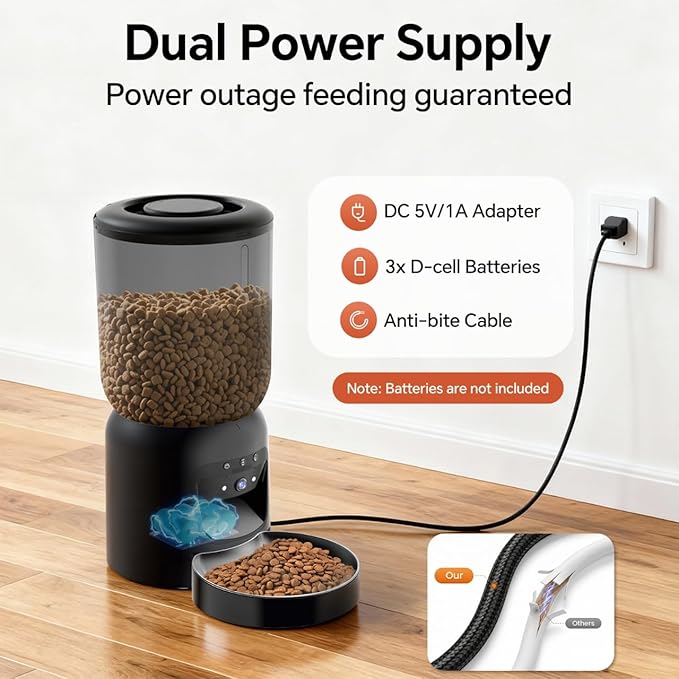 Automatic Cet Feeder with Camera, 5G/ 2.4GWiFi, 3K HD App Control - Smart Dog Cat Feeder, 2-Way Audio, Night Vision, Slow Feed, 6L Capacity, Battery Backup, Anti-Jam, Freshness Seal, Black
