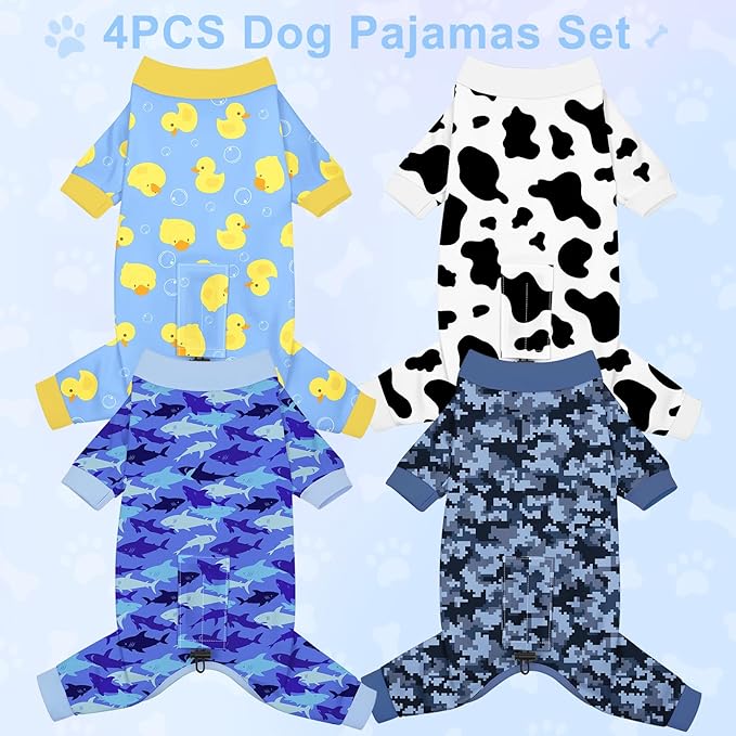 Bienbee Dog Pajamas, 4 Pack Dog Recovery Suit Shedding Suit Cute Soft Puppy Clothes Dogs Pjs Onesies Jammies Adjustable Breathable & Stretchy Clothes for Small Medium Large Dogs Girl Boy Puppy-S
