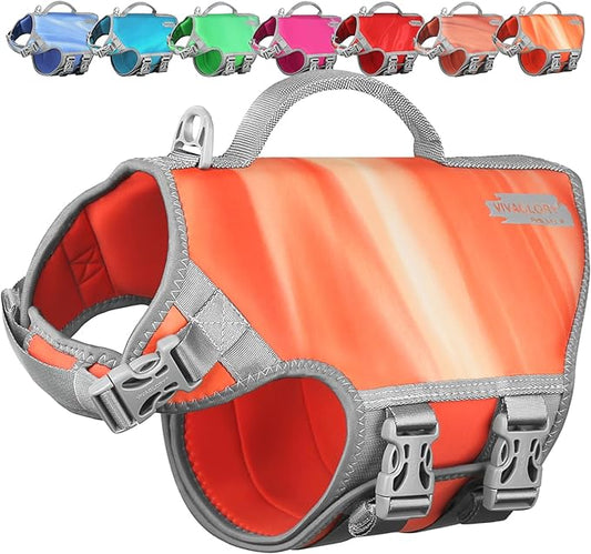 VIVAGLORY Neoprene Dog Life Vest, Dog Life Jacket for Swimming & Boating, Lightweight & Buoyancy for Puppy Doggy, Swimming Vest with Handle, M, Orange Sunset