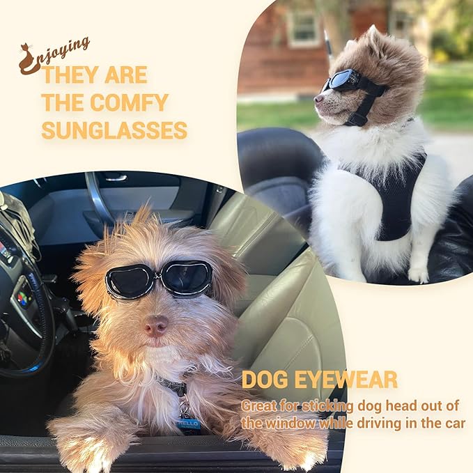 Enjoying Dog Goggles Small Breed, Dog Sunglasses UV Protection, Cycling Eye Protection for Small Dogs, Breathable Windproof Dustproof Anti-Fog, Adjustable Straps, Classic Black