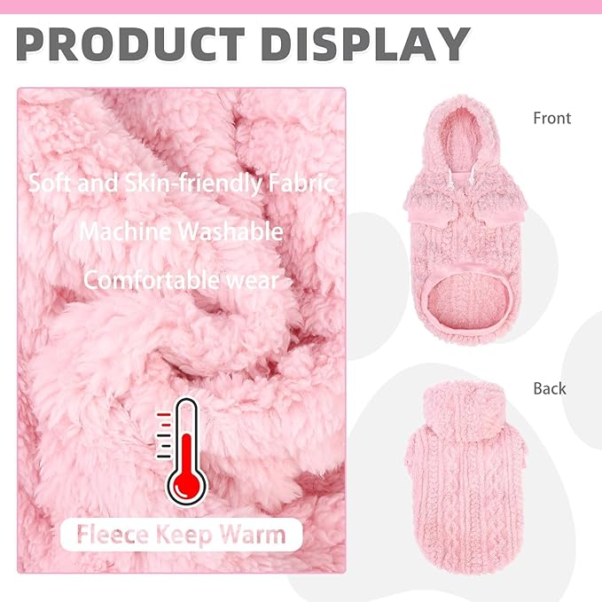 KOOLTAIL Fuzzy Dog Sweater Hoodie for Small Medium Large Dogs, Soft Fleece Pet Clothes Sweatshirt with Leash Hole, Warm Winter Dog Sherpa Jacket Snuggie Cold Weather Coat for Puppy Cats Girl, Pink S