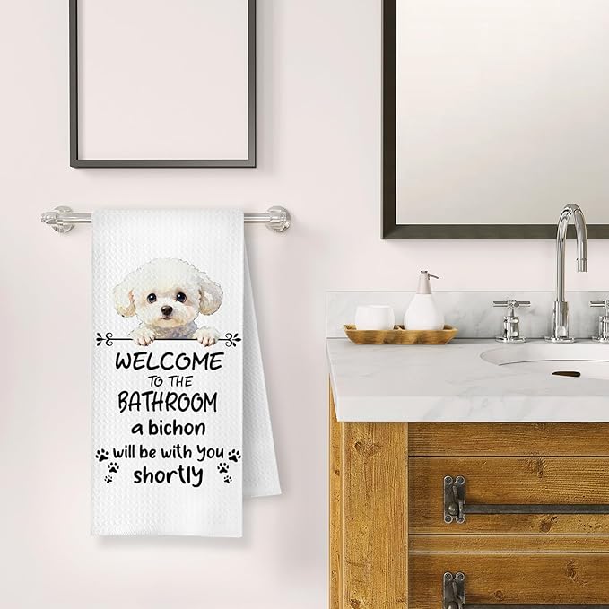 Funny Bichon Frise Dog Bathroom Hand Towels, Bichon Frise Gifts for Women, Welcome to The Bathroom Decorative Hand Towels for Bath Room Toilet Washroom Restroom, 16x24 Inch