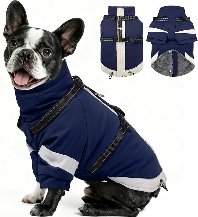 MIGOHI Waterproof Dog Coat with Harness Adjustable Dog Jacket Pet Winter Coat with Zipper,Christmas Small Fleece Jacket for Small Dogs,Extra Long Sleeves Warm Winter Snowsuit for Dogs,M,NavyBlue