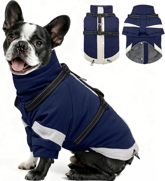 MIGOHI Warm Dog Coat Waterproof Small Dog Jacket with Harness,Reflective Fleece Snowsuit for Dogs,Windproof Puppy Coats with Legs for Cold Weather,Adjustable Pet Clothes for Puppies,Xs,NavyBlue