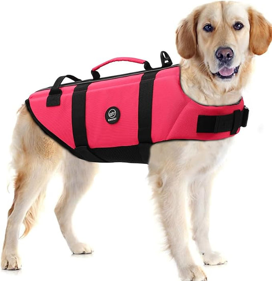 EMUST Dog Life Preserver, Good Visibility Dog Flotation Vest for Swimming Beach Boating Kayaking, Pet Water Vest for Medium Dogs, Rosepink, M