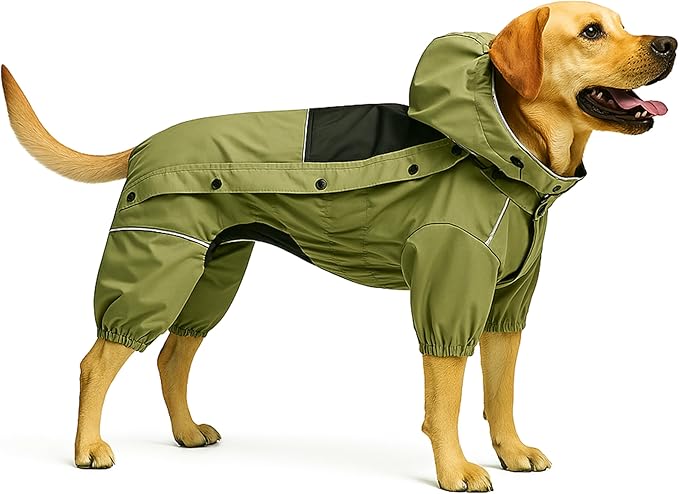 LOVELONGLONG Fleece-Lined Dog Raincoat with Removable Hood – Waterproof Winter Full Body Dog Jacket – Windproof Snowproof Cold-Weather Suit – Green-F L