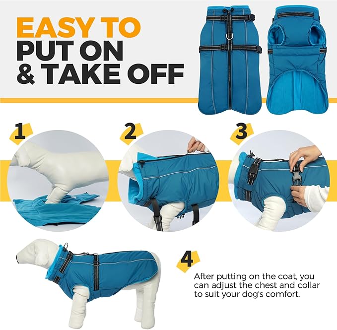 Lelepet Waterproof Dog Jacket with Harness Built in Warm Dog Winter Coat, Reflective Fleece Jacket Jacket, Dogs Coats for Small Dogs, Thermal Pet Snowsuit for Cold Weather Chihuahua, Maltese, Blue, XS