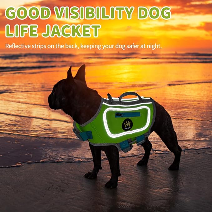 Dog Life Jacket for Puppy Small Dogs, High Buoyancy Dog Swim Vest with D-Ring, Adjustable Dogs Lifevest Swimsuit with Reflective Stripes, Pet Safety Vest for Swimming Boating, Green, XXS