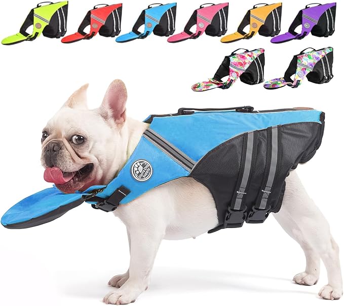 Dog Life Jacket, French Bulldog Life Vest for Swimming Boating, Dog Swim Vest with Chin Float and Rescue Handle, High Flotation Puppy Life Jackets (Chest Girth: 17" to 30", Weight: 17" to 28" LB)