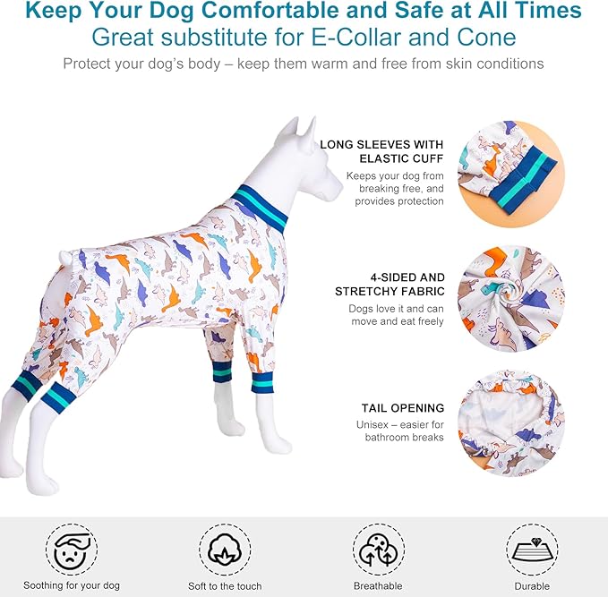 LovinPet Pitbull Pajamas for Dogs XXL Undershirt for Dog Hoodies,Dog Pajamas, Lightweight Stretchy Fabric,White Slate Mint Dinosaur Print,Uv Protection,Medium