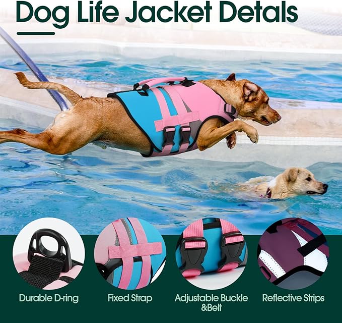 Kuoser Dog Life Jacket with Rescue Handle, High Flotation Dogs Swim Vest with Reflective Strips,Adjustable Dog Life Vest for Swimming, Boating, Pool&Beach, Doggy Lifejacket for Small Medium Large Dogs