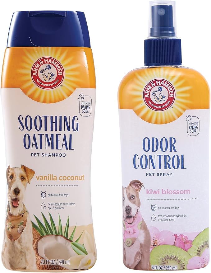 Arm & Hammer Soothing Oatmeal Dog Shampoo, 20 Fl Oz & Super Deodorizing Spray Bundle for Dogs, 8 Fl Oz – Gentle Vanilla Coconut Shampoo & Kiwi Blossom Odor Eliminator Spray