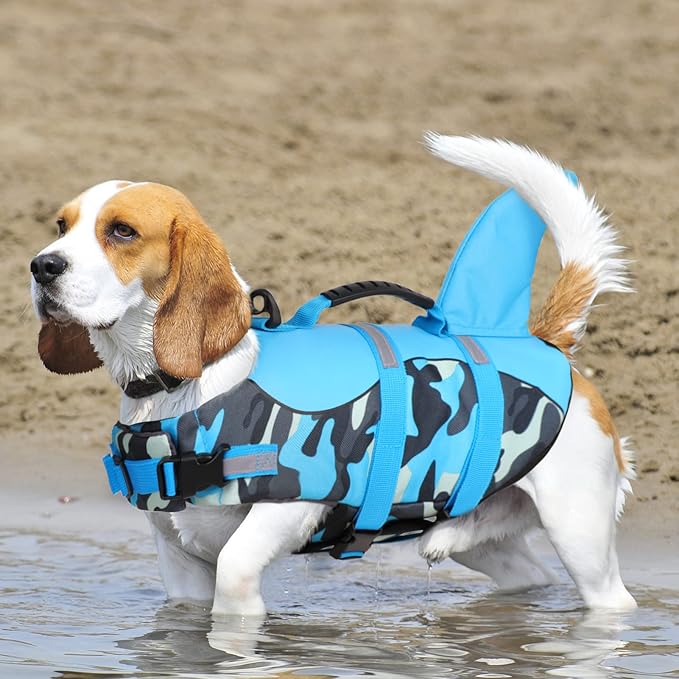 Queenmore Dog Life Jacket Ripstop Dog Shark Safety Vest Adjustable Preserver with High Buoyancy and Durable Rescue Handle for Small,Medium,Large Dogs, Blue Camouflage X-Small