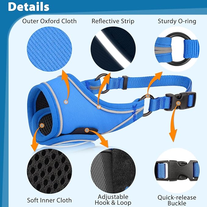 LUCKYPAW Dog Muzzle for Small Medium Large Dog Labrador Golden Retriever German Shepherd, Soft Oxford Cloth Muzzle to Prevent Biting Chewing for Training Grooming with Buckle Reflective Strip(Blue,S)