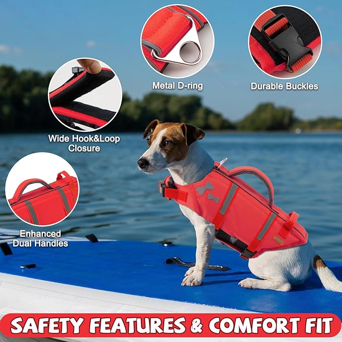 EMUST Life Jackets for Dogs, Adjustable Small/Medium/Large Dog Swim Vest for Water Safety Pet Life Vest with Rescue Handle Safety Vest for Swimming Pool Beach Boating, XL, NewRed