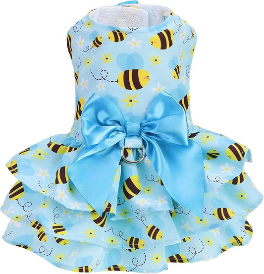 PUPTECK Cute Dog Dress with Bowknot and Leash Ring, Soft Breathable Dog Clothes Puppy Princess Girl Outfit, Pet Apparel Costume for Small Medium Sized Dogs, Blue Yellow Bee S